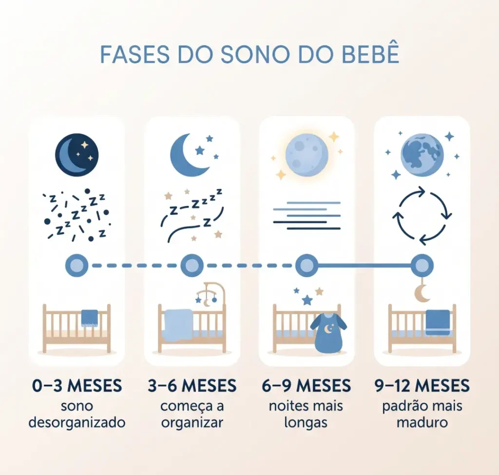 Linha do tempo das fases do sono do bebê do nascimento ao 1 ano por faixa etária