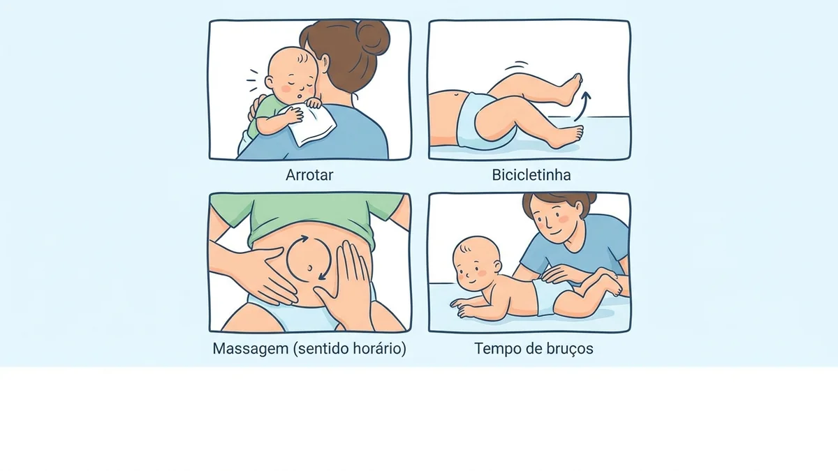 Técnicas para aliviar gases do bebê: arrotar, bicicletinha, massagem na barriga e tempo de bruços.