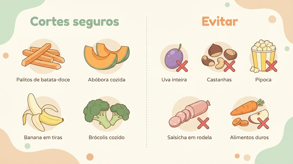 Cortes seguros de alimentos para BLW em formato de palito e alimentos a evitar.