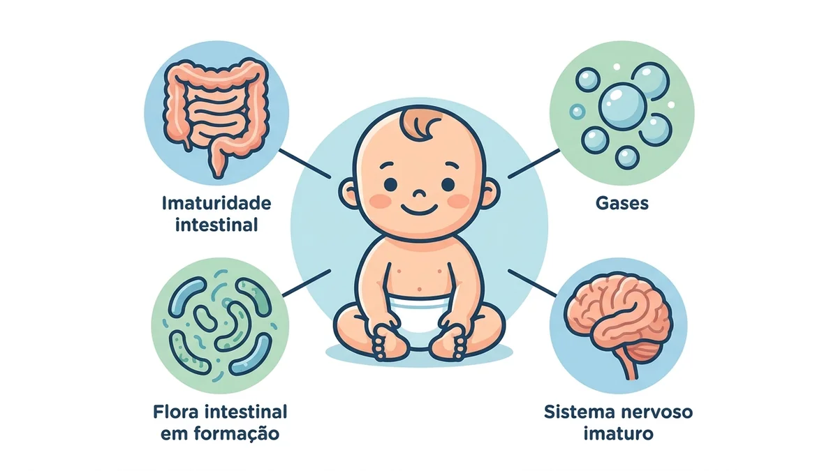 Diagrama das causas da cólica do recém-nascido: imaturidade intestinal, microbiota, gases e sistema nervoso.