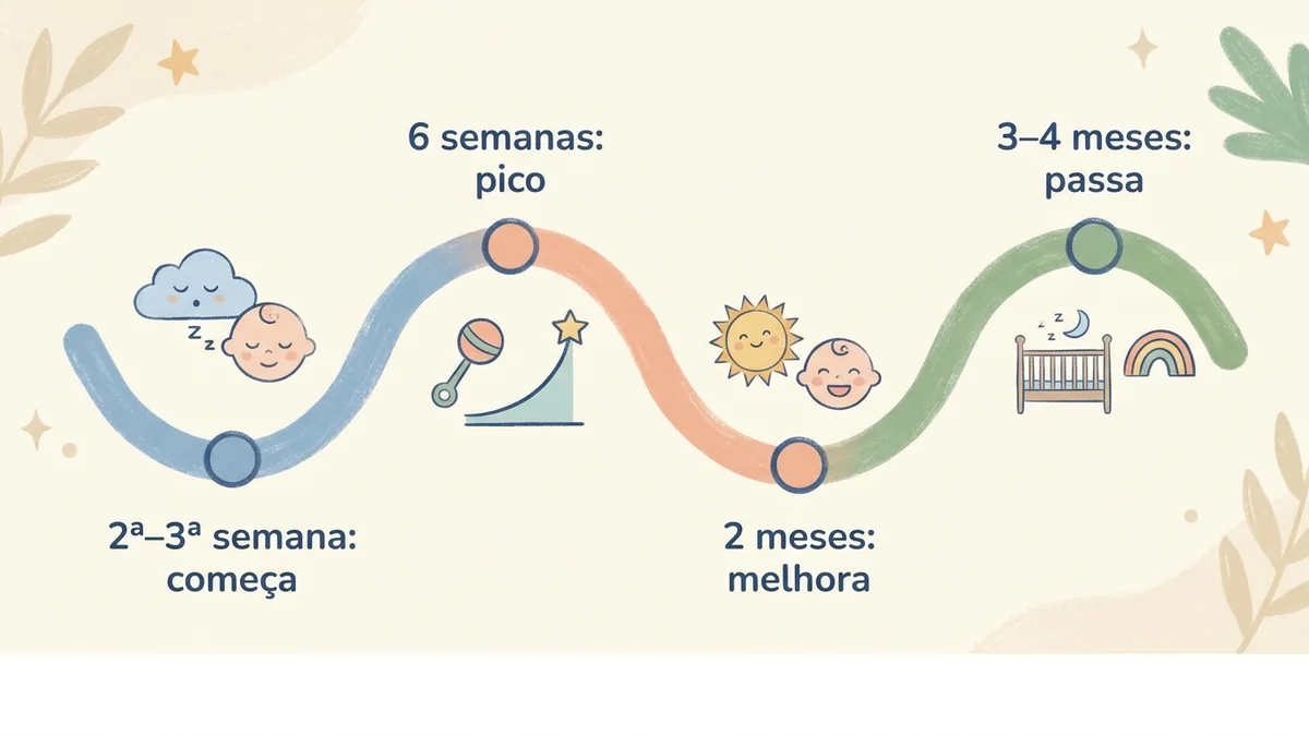 Linha do tempo da cólica do recém-nascido, do início na 2ª semana ao fim por volta dos 3 meses.