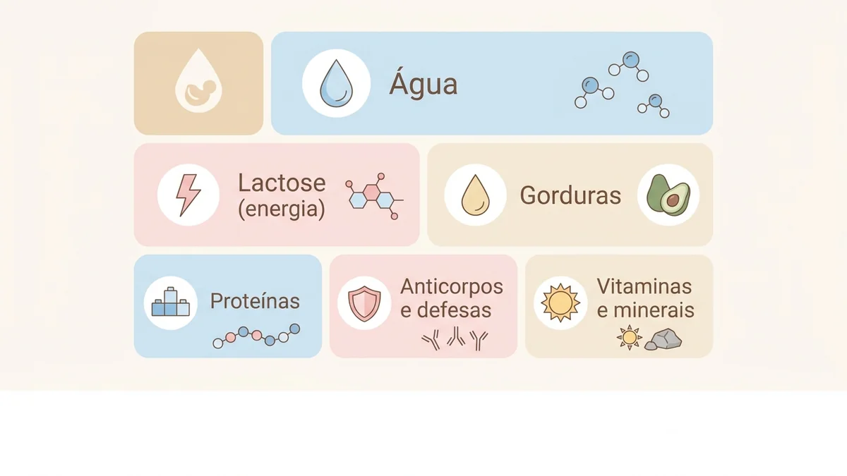 Diagrama da composição do leite materno com água, lactose, gorduras, proteínas e fatores de defesa.