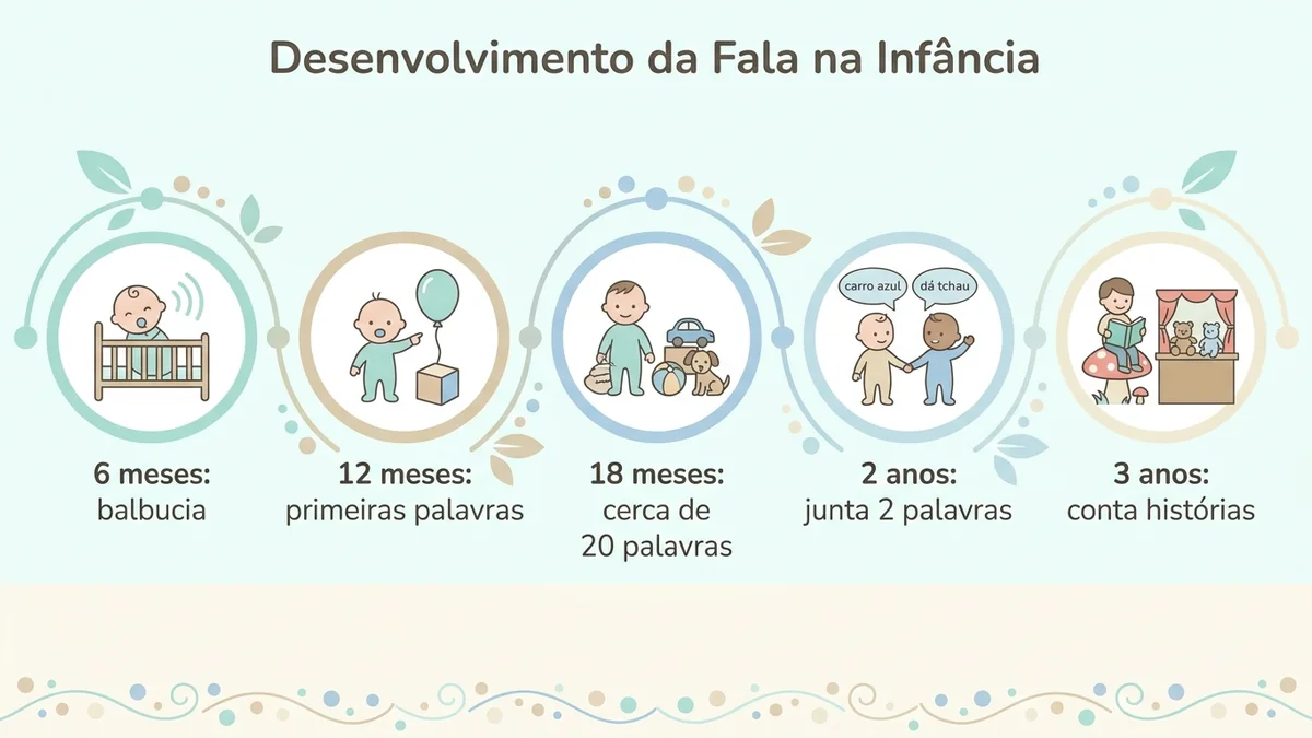 Tabela de marcos da fala do bebê por idade, de 6 meses a 3 anos, para identificar atraso de fala.