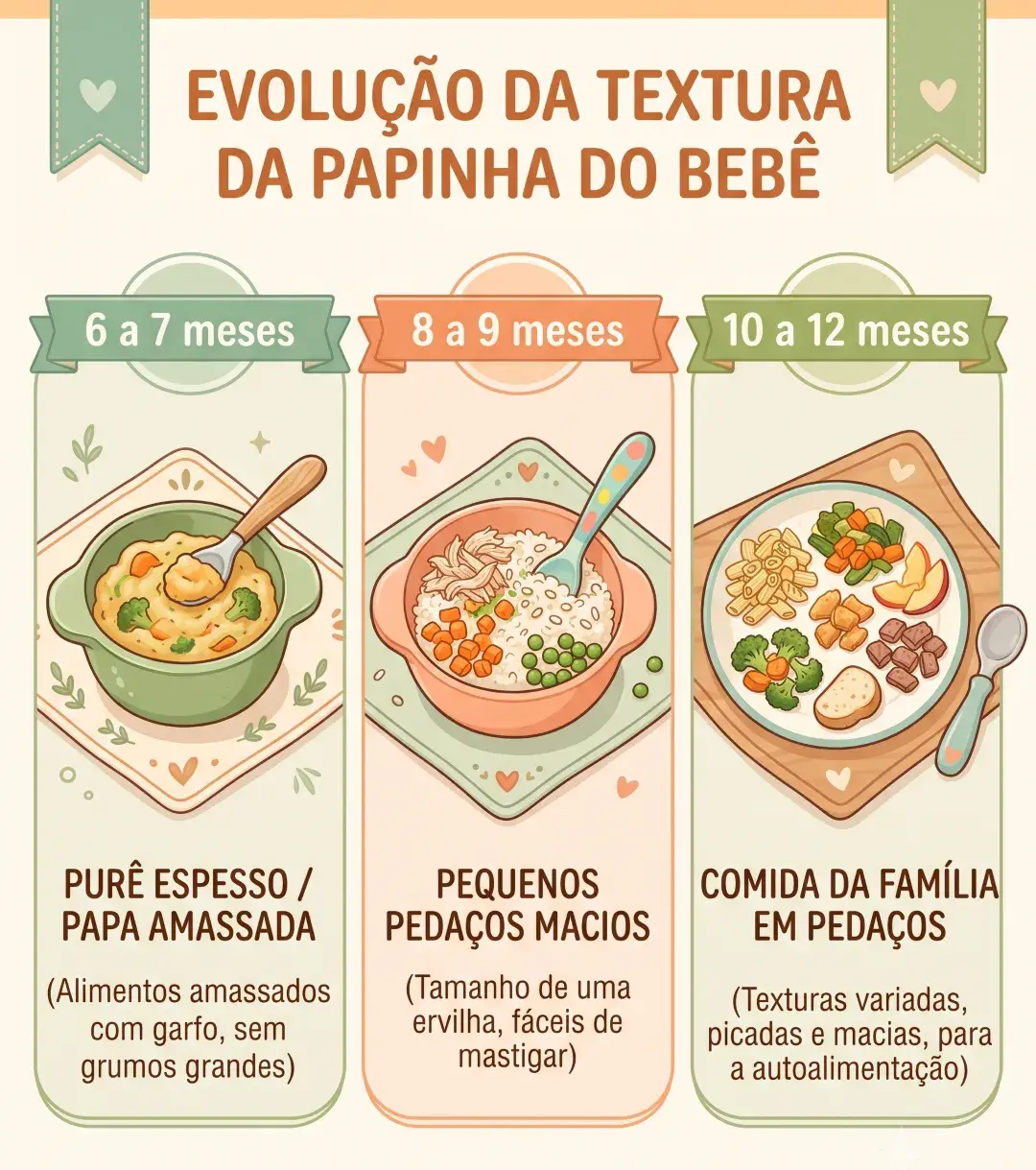 Tabela de evolução da textura da papinha do bebê por idade, de 6 a 12 meses