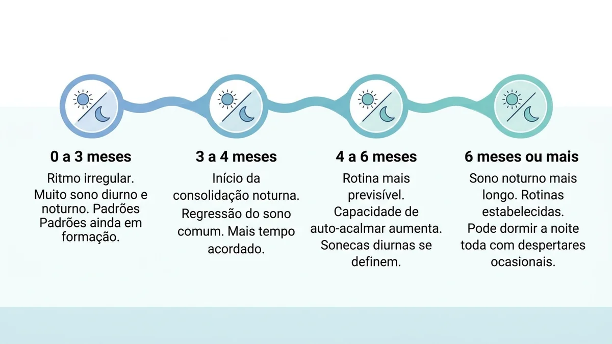 Linha do tempo do desenvolvimento do sono do bebê e quando o dia e a noite se organizam.