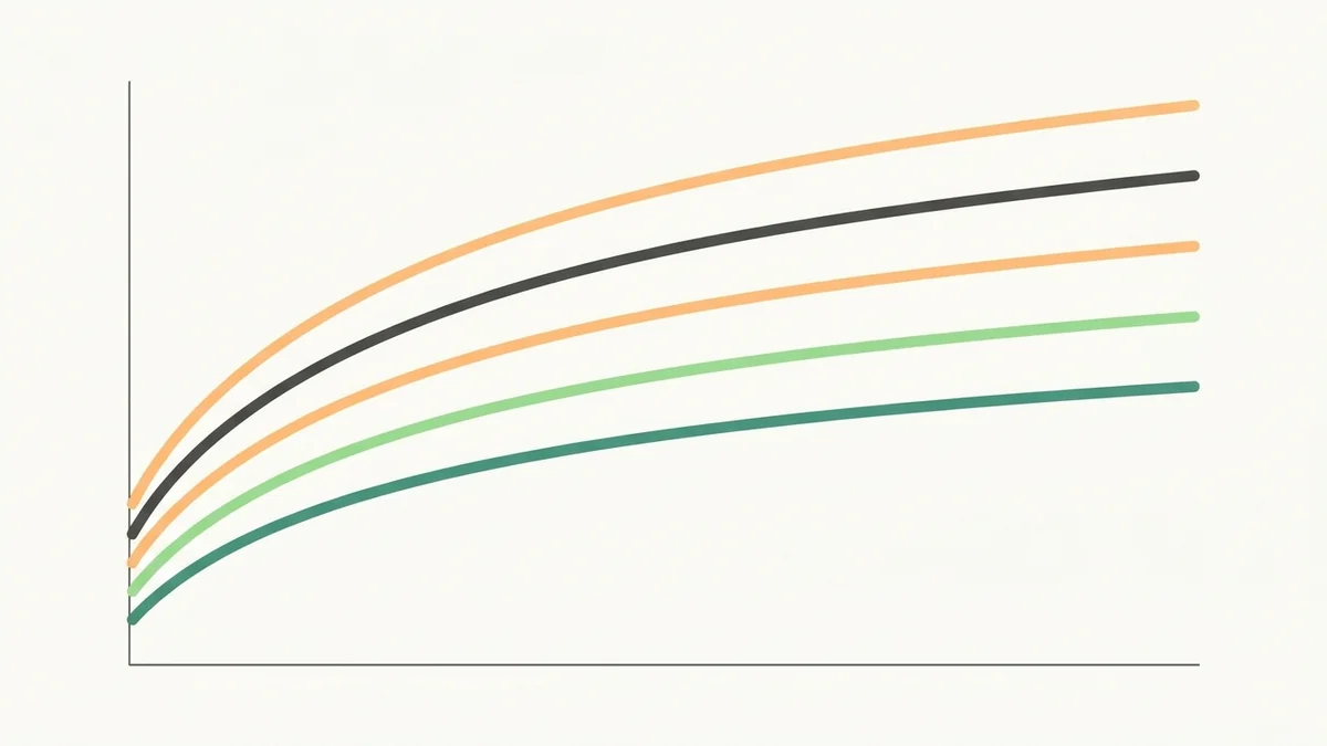 Ilustração esquemática de um gráfico de curva de crescimento com faixas de percentil coloridas, sem números ou texto