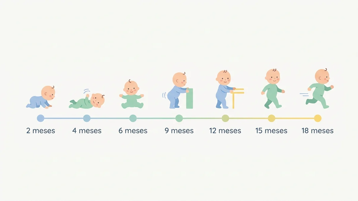 Linha do tempo do desenvolvimento motor do bebê de 2 a 18 meses com marcos por idade