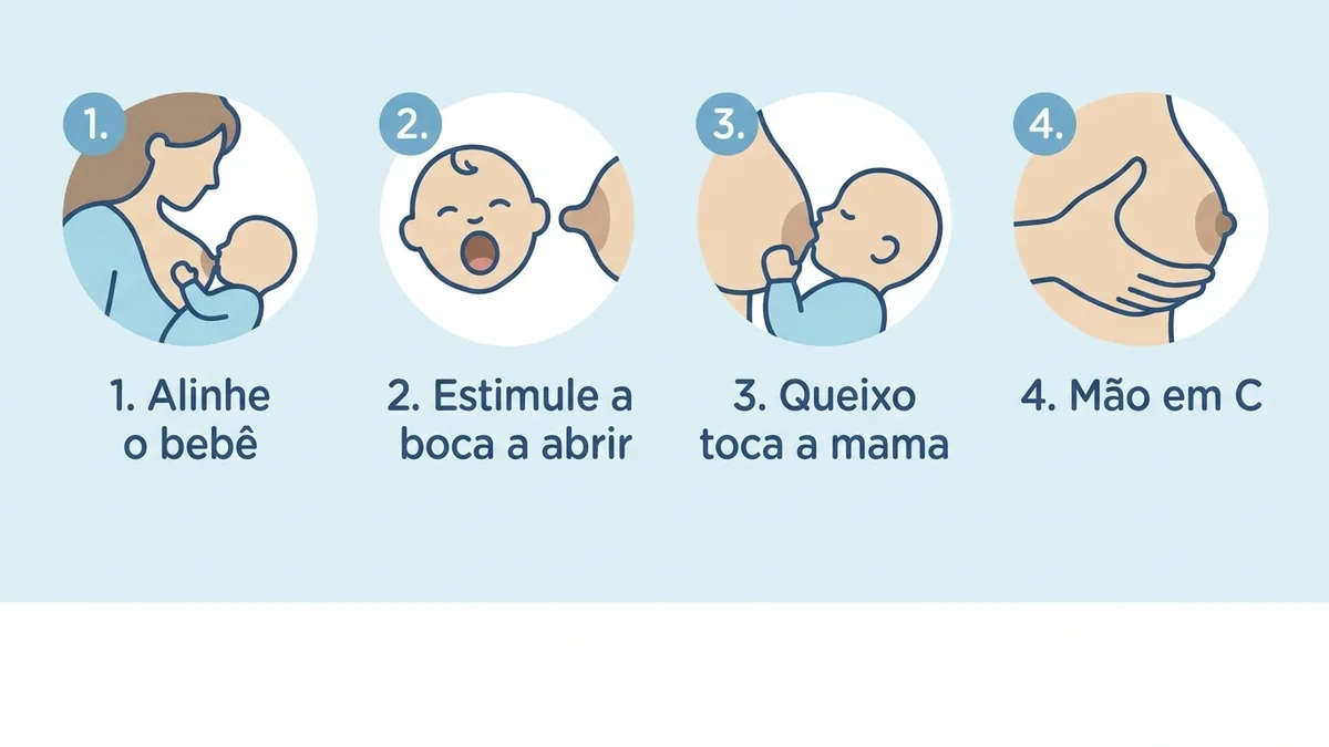 Diagrama do passo a passo da pega correta na amamentação, posição e abertura da boca do bebê