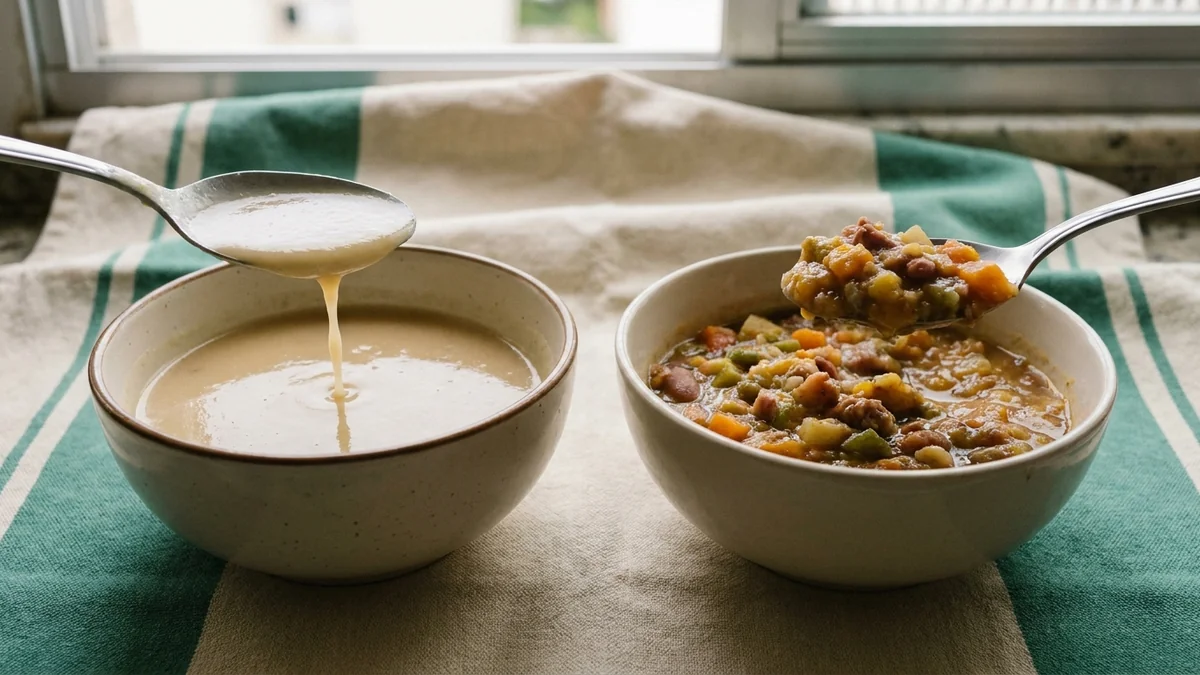Duas tigelas lado a lado: uma com sopa líquida e lisa, outra com comida grossa amassada com garfo, mostrando a diferença de textura.