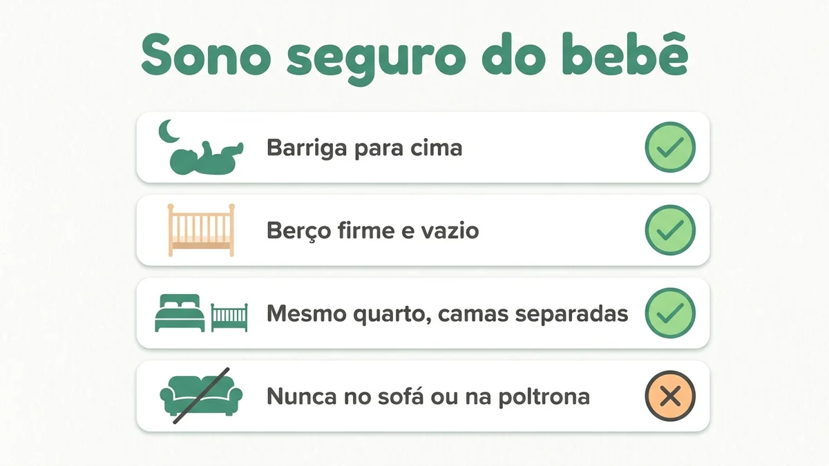 Checklist de sono seguro: barriga para cima, berço firme e vazio e quarto compartilhado com visto; sofá e poltrona com X
