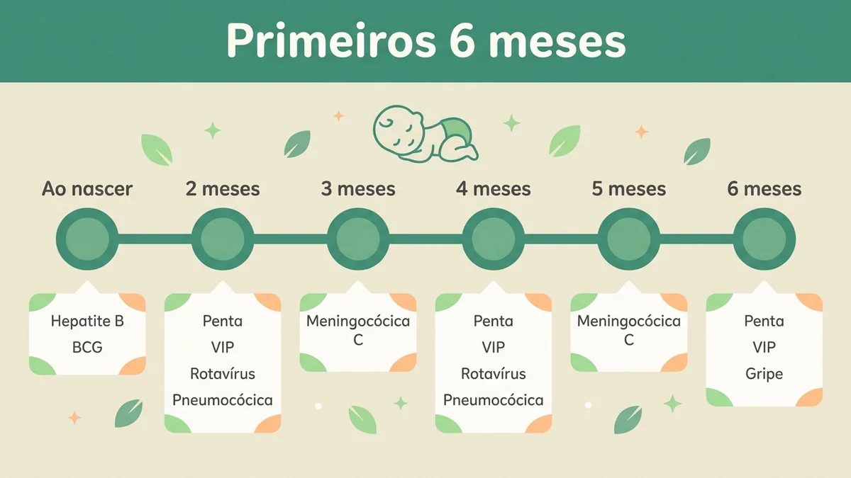 Linha do tempo ilustrada dos primeiros 6 meses do bebê com as vacinas de cada idade, do nascimento aos 6 meses
