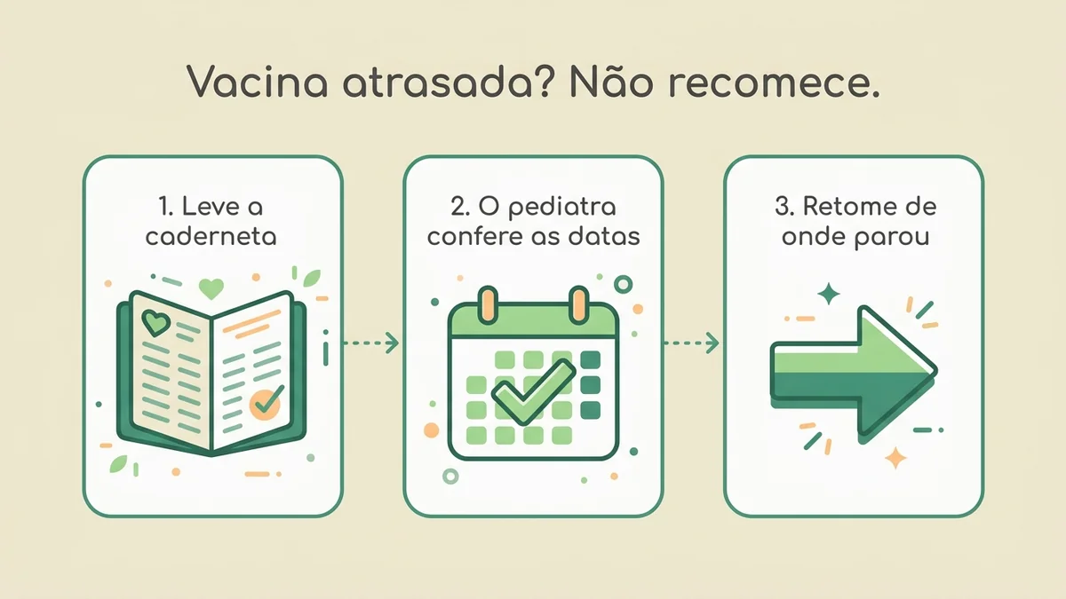 Infográfico em três passos para vacina atrasada: levar a caderneta, conferir as datas com o pediatra e retomar
