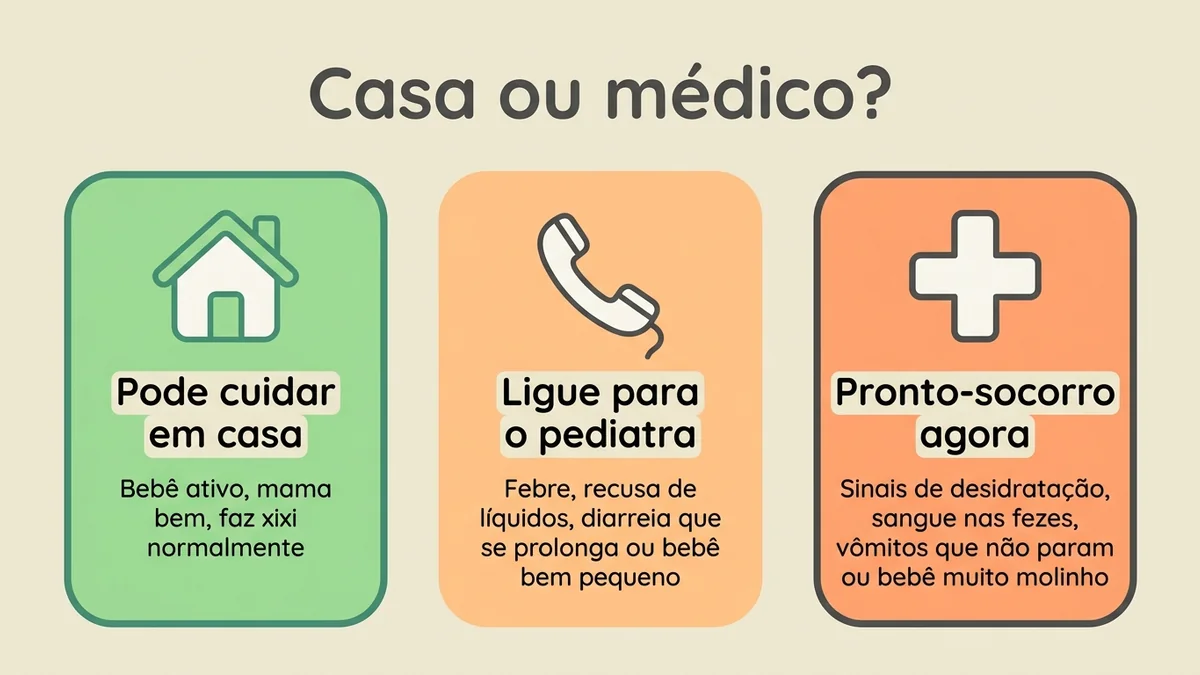 Guia em três cartões lado a lado: pode cuidar em casa, ligue para o pediatra e pronto-socorro agora, conforme os sinais do bebê