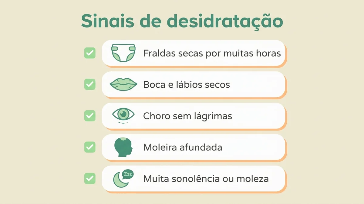 Checklist ilustrado com cinco sinais de desidratação no bebê com diarreia: fraldas secas, boca seca, choro sem lágrimas e mais