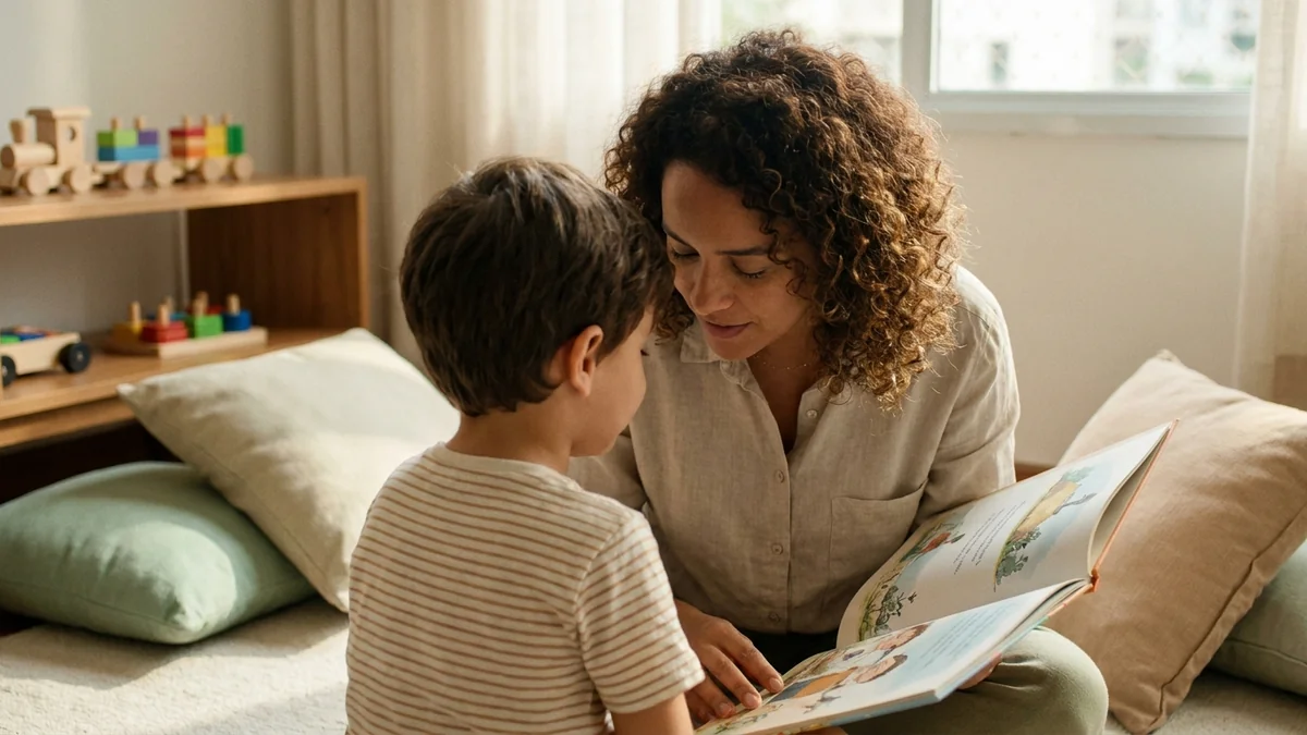 Adulto e criança de cerca de 4 anos sentados no tapete da sala, lendo juntos um livro ilustrado.
