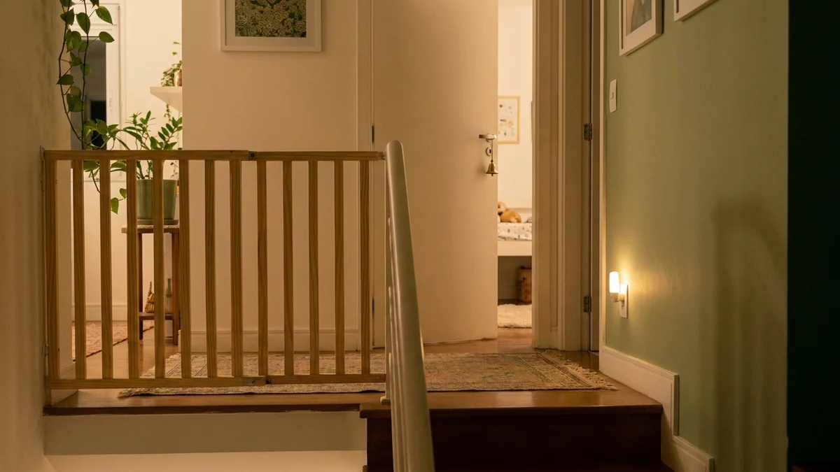Topo de escada de apartamento com portão de segurança fechado e corredor com luz noturna até o quarto da criança.