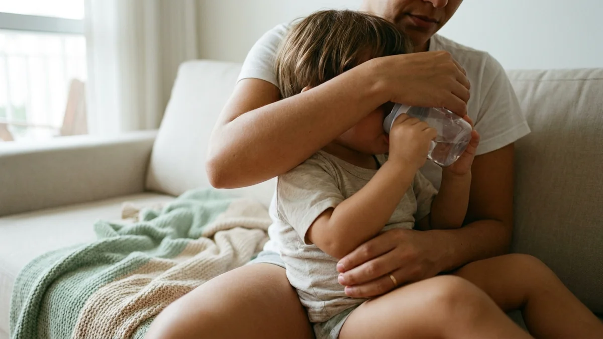 Criança pequena no colo de um adulto tomando água de um copinho, aos golinhos, em um ambiente calmo de casa.